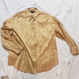 Ellen Tracy Oversized Gold Shiny Plaid Silk Blouse Shacket